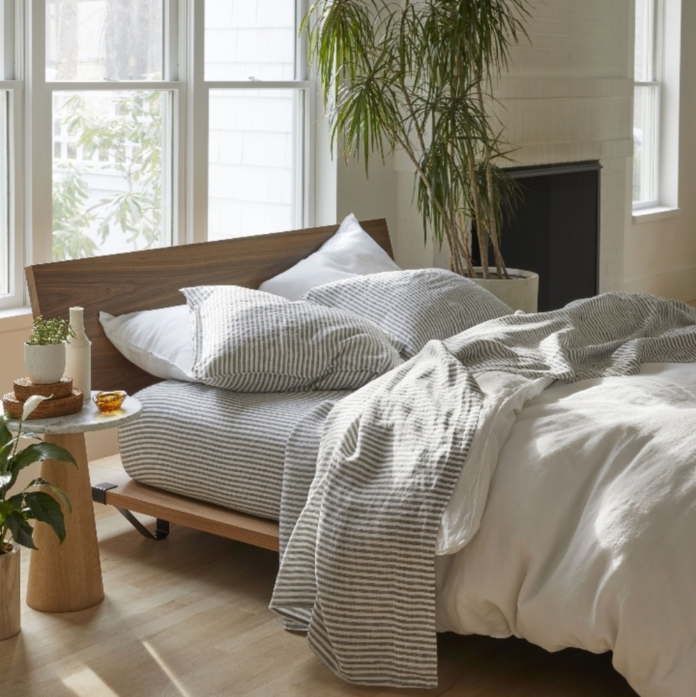 Brooklinen Washed European Linen Duvet Cover Oxford Stripe In Grey